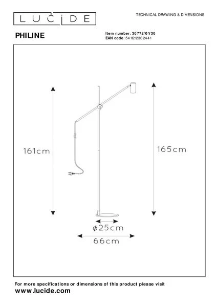 Lucide PHILINE - Stehlampe Mit Leselampe - 1xGU10 - Schwarz - Technisch